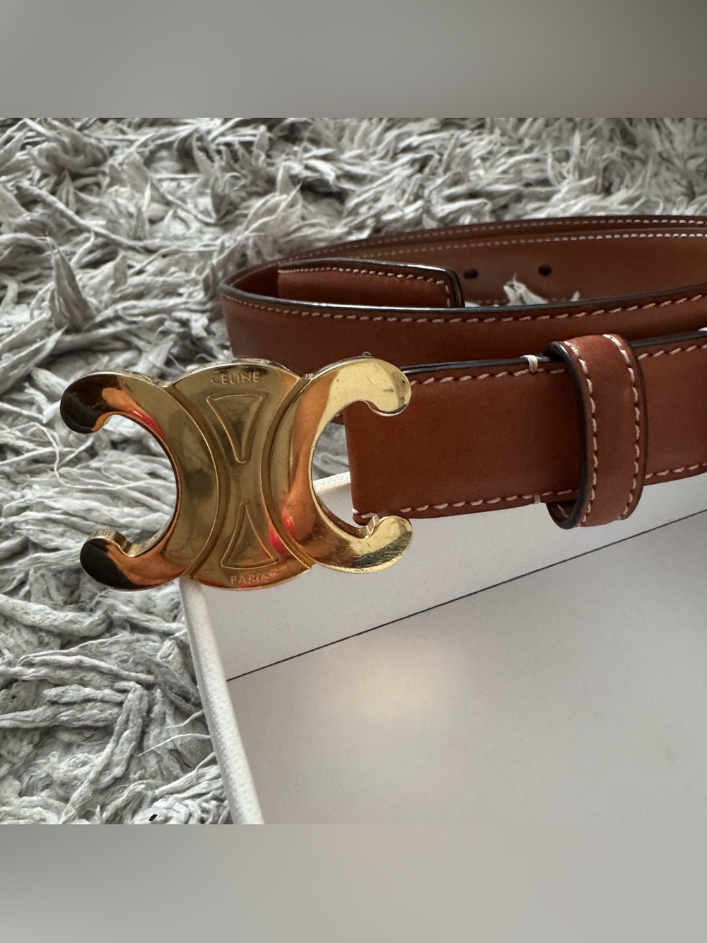 Celine Tan Leather Belt with Gold Logo Buckle - Picture 2 of 8
